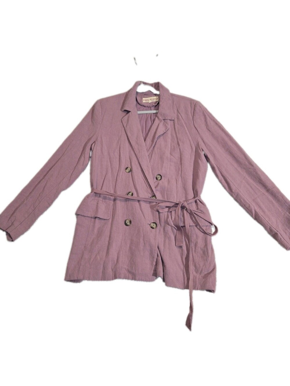 Free People Pink Linen Blend Double Breasted Blazer Jacket Womens Medium Tieback